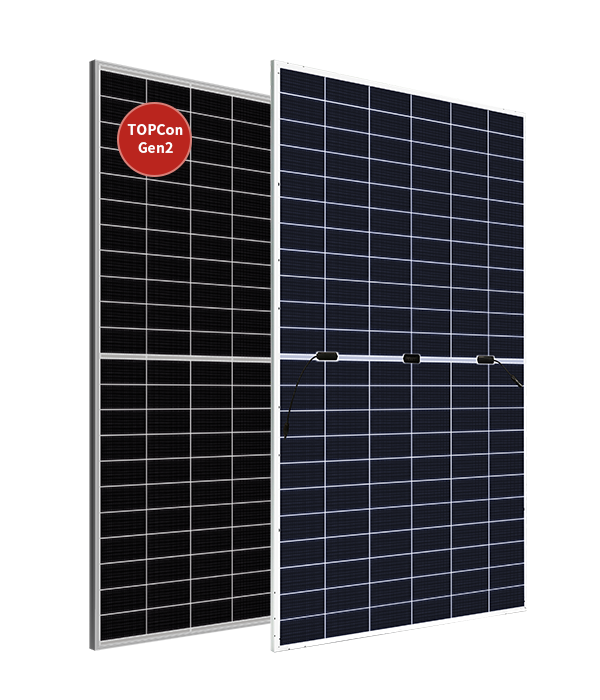 Vistas frontal y posterior de un panel Canadian Solar TOPBiHiKu7 CS7N-TB-AG TOPCon Gen2; imagen de referencia de la serie. Venta por unidad.