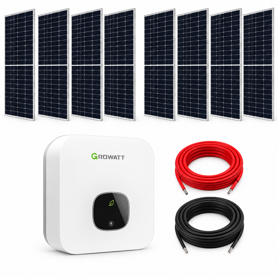 Kit solar 8 paneles de 555 W + inversor central de 5 kW, 2 MPPT + cable 12 AWG, 30 m rojo y 30 m negro