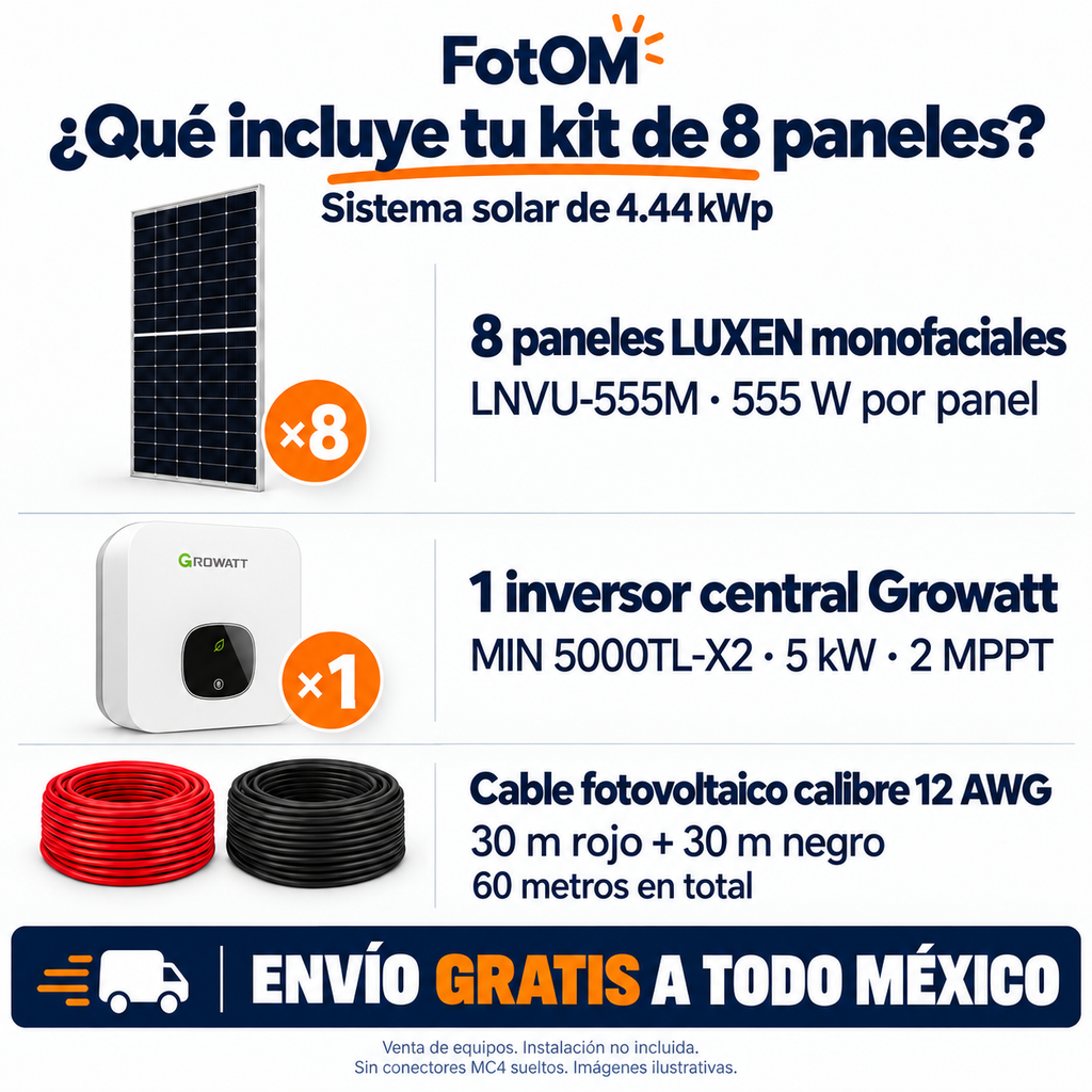 Contenido del kit solar: 8 paneles LUXEN monofaciales de 555 W, un inversor central Growatt de 5 kW y cable calibre 12 AWG, 30 m rojo y 30 m negro; envío gratis en México. Instalación no incluida. Imágenes ilustrativas.