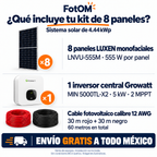 Contenido del kit solar: 8 paneles LUXEN monofaciales de 555 W, un inversor central Growatt de 5 kW y cable calibre 12 AWG, 30 m rojo y 30 m negro; envío gratis en México. Instalación no incluida. Imágenes ilustrativas.