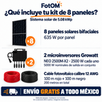 Contenido del kit FotOM: 8 paneles bifaciales de 635 W, 2 microinversores Growatt NEO 2500M-X2 de 2500 W cada uno y cable 12 AWG, 100 m rojo más 100 m negro. Envío gratis en México; instalación no incluida. Imágenes ilustrativas.