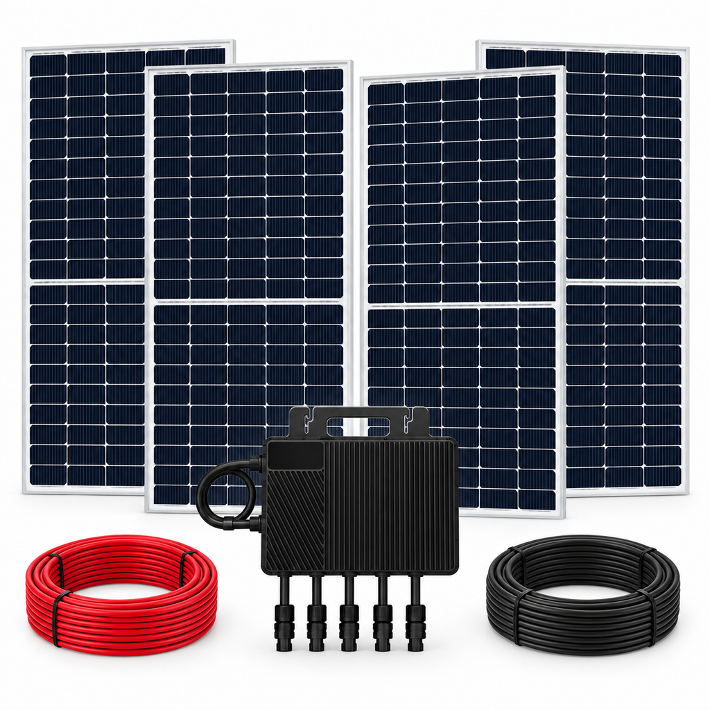 Imagen ilustrativa: cuatro paneles LUXEN 555 W, un microinversor Growatt y dos bobinas de cable rojo y negro.