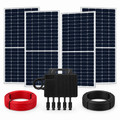 Imagen ilustrativa: cuatro paneles LUXEN 555 W, un microinversor Growatt y dos bobinas de cable rojo y negro.