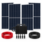 Imagen ilustrativa: cuatro paneles LUXEN 555 W, un microinversor Growatt y dos bobinas de cable rojo y negro.
