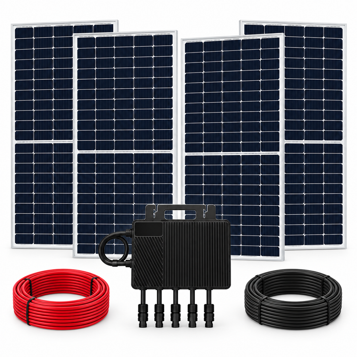 Imagen ilustrativa: cuatro paneles LUXEN 555 W, un microinversor Growatt y dos bobinas de cable rojo y negro.