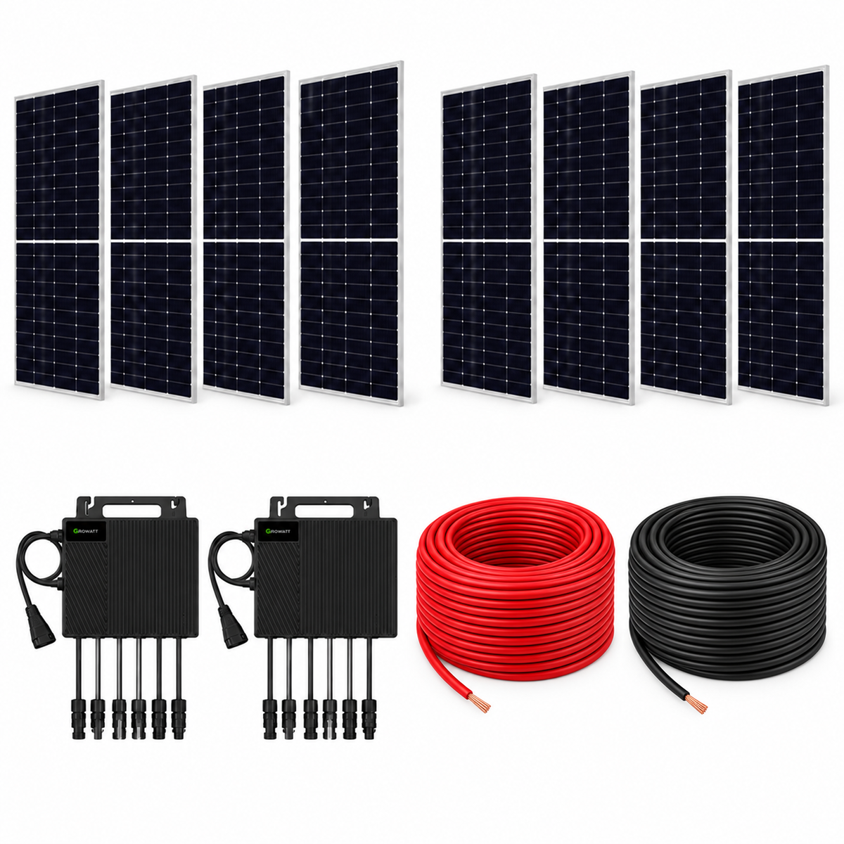 Kit de 8 paneles Canadian Solar 635 W, 2 microinversores Growatt 2500 W y cable fotovoltaico 12 AWG: 100 m rojo y 100 m negro. Sin conectores MC4 sueltos.