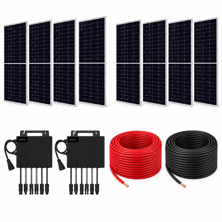 Kit de 8 paneles Canadian Solar 635 W, 2 microinversores Growatt 2500 W y cable fotovoltaico 12 AWG: 100 m rojo y 100 m negro. Sin conectores MC4 sueltos.