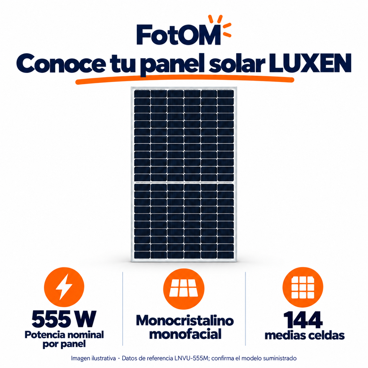 Panel LUXEN de 555 W monocristalino monofacial, 144 medias celdas; imagen y datos del modelo de referencia.