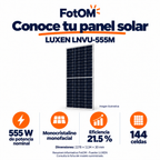 Resumen del panel solar LUXEN LNVU-555M monofacial: 555 W, eficiencia del 21.5 %, 144 celdas y dimensiones de 2278 por 1134 por 30 mm. Imagen ilustrativa.